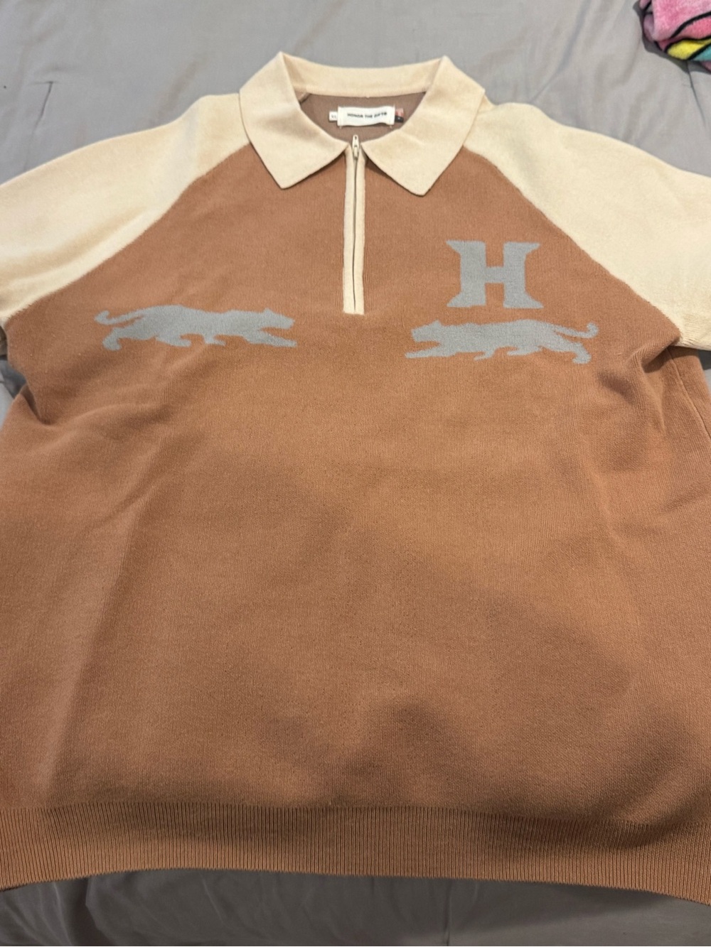 Men’s Brown and Cream Half-Zip Polo Sweater with Contrasting Logo